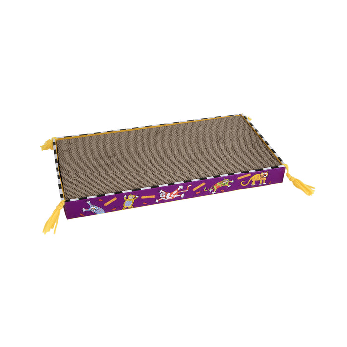 The FAT CAT Big Mamas Scratchy Box Double Wide by Fatcat features a recyclable cardboard surface with vibrant cat and toy illustrations on the sides. Yellow tassels at the corners add charm, making it an eco-friendly pleasure for your feline companion.