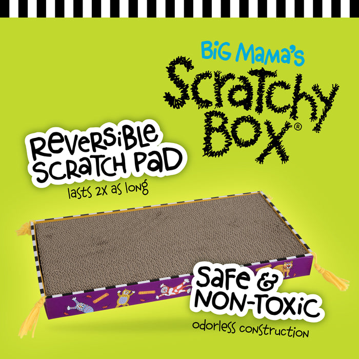 An image of the FAT CAT Big Mamas Scratchy Box Double Wide, a reversible cat scratcher by Fatcat, enhanced with organic catnip. The eco-friendly packaging boasts lasts 2x as long and safe & non-toxic features, set against a bright green background with playful text design.
