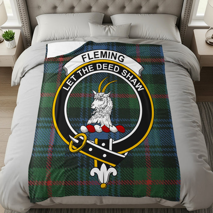 Fleming clan tartan throw with goat crest and motto — full front view