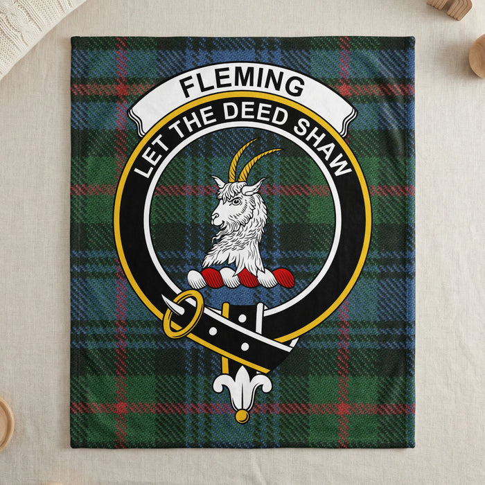 Fleming clan tartan throw blanket with crest — draped display