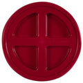 Close-up of a red GAMMA Seal Lid by Gamma2, showcasing a four-section design with embossed OPEN and CLOSE. This BPA-free HDPE lid ensures an airtight seal.