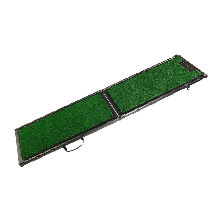 The Gen7Pets Natural-Step® Ramp for Vehicles by Gen7 is a foldable dog ramp with a black frame and green artificial grass surface, featuring a carrying handle and shown open and extended for easy pet access to cars.
