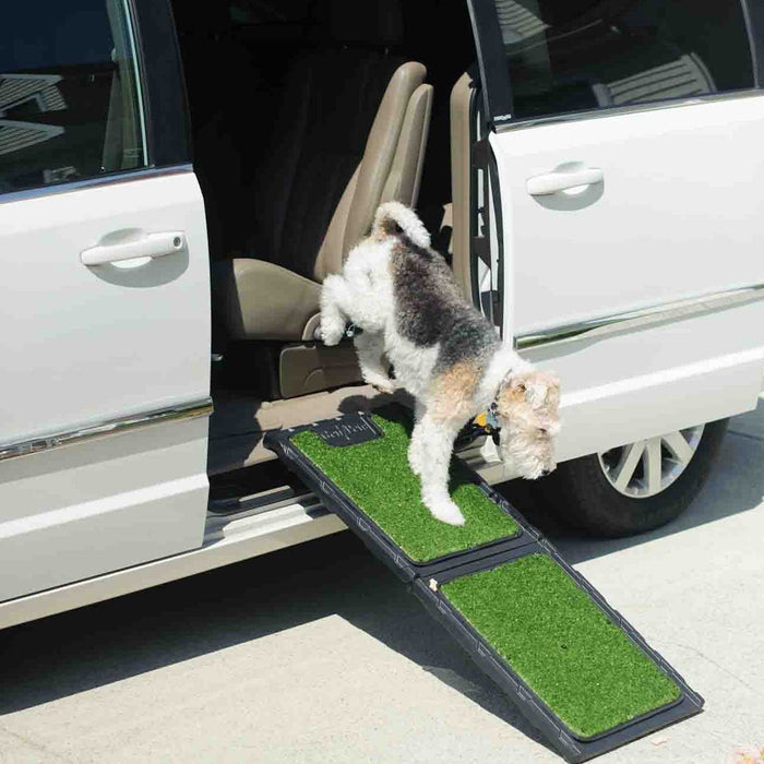 A small white and brown dog uses the Gen7Pets Natural-Step® Ramp for Vehicles by Gen7 to exit a white van onto pavement, demonstrating the ramp’s convenience for pets.