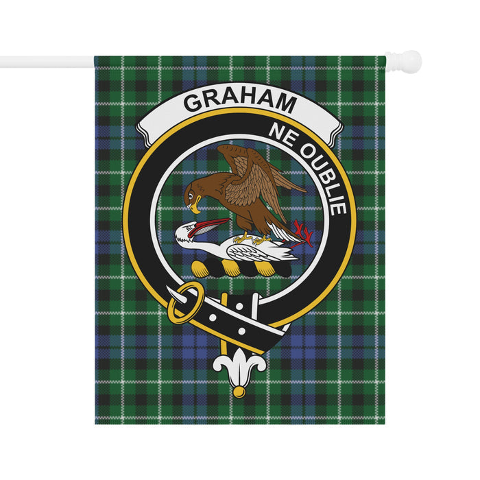 Graham green and blue tartan garden flag with crest and motto — full view