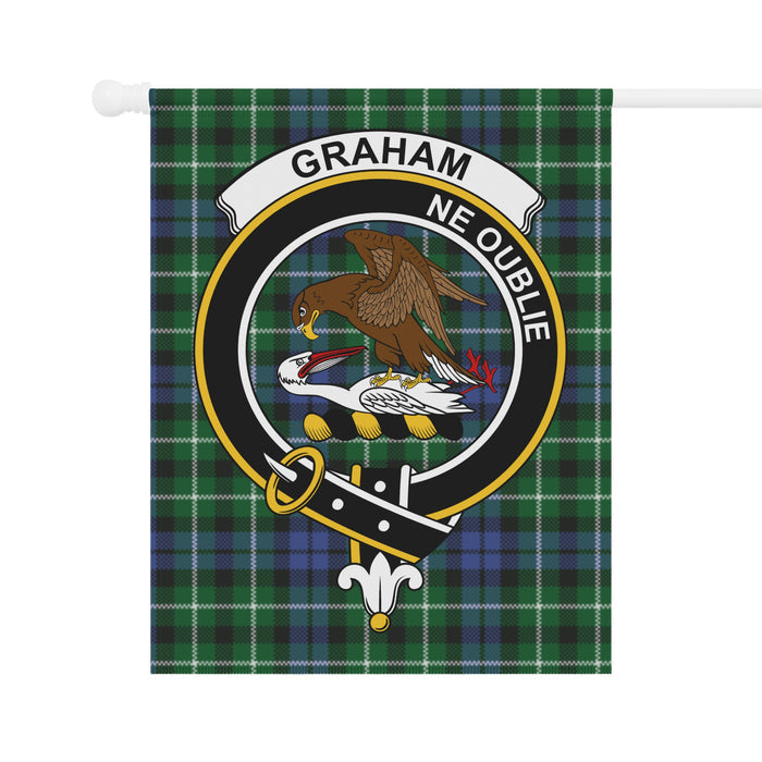 Graham clan crest on tartan garden flag fabric — detail