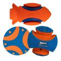 The Chuckit! Ground Chase Power Pack features three toys: an orange and blue fish-shaped interactive toy, a round flat disc, and a padded blue-and-orange ball marked Giggle Kick Fetch.
