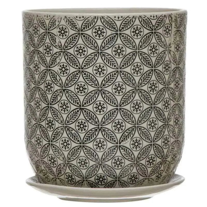Hand-Stamped Stoneware Pot & Saucer with Embossed Pattern Pots & Planters 12037797