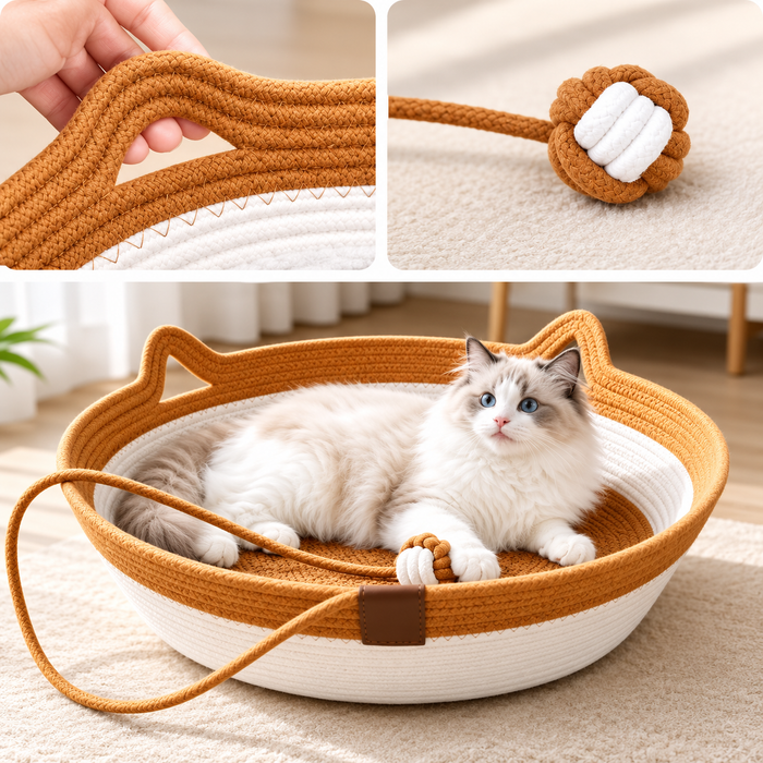 Handwoven Cotton Rope Cat Basket Bed with Scratcher & Hanging Toy Fursera