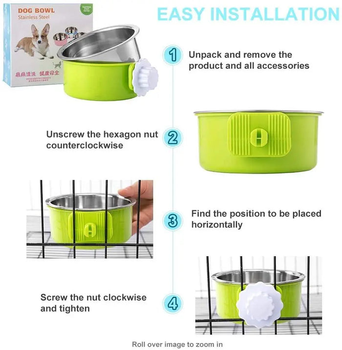 Hanging Dog & Cat Bowl – Stainless Steel Cage Feeding Bowl