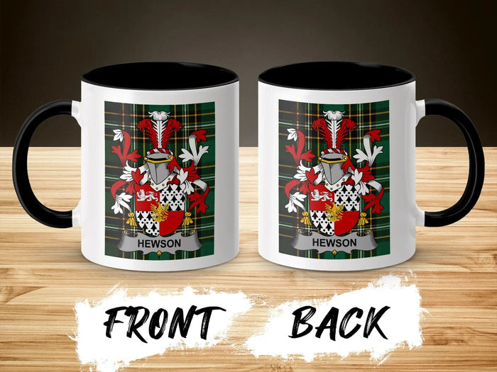 Hewson coat of arms on a black and white mug, front and back view.