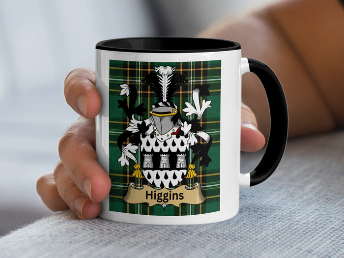 Higgins family crest Irish heritage mug on green Irish National Tartan