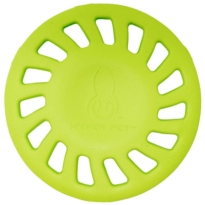 The Hyper Pet Chewz Hubcap EVA Foam Dog Toy by Hyperpet is a bright green, circular chew toy made from non-toxic materials. It features evenly spaced cutouts, an embossed logo at the center with Hyper Pet written on it, ensuring fun and safety for your dog.