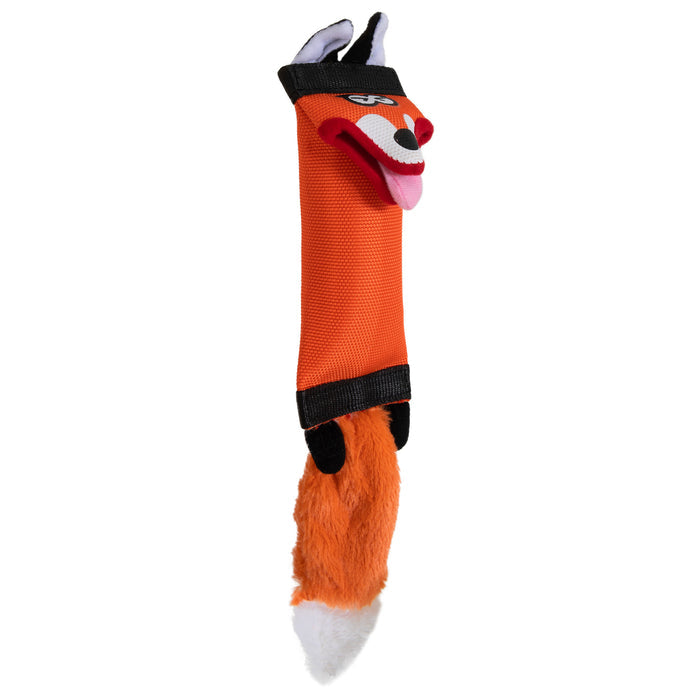 The Hyperpet Fire Hose Friends Fox Dog Toy is a durable stuffed animal designed to withstand hours of interactive play.