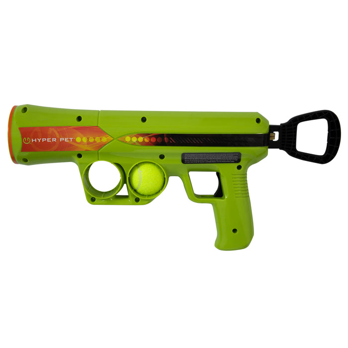 The Hyper Pet K9K2 Kannon Mini Tennis Ball Launcher by Hyperpet is green with a black handle and features two circular openings with a tennis ball. Its side has an orange design and Hyper Pet text, making it fun for small dogs during playtime.