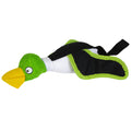Introducing the Hyper Pet Mini Flying Duck Green Dog Toy by Hyperpet, featuring a duck design with a green head and yellow beak. Its black wings edged in bright green are eye-catching. Made of non-toxic vinyl, its a durable, slingshot-style toy perfect for endless pet play adventures.