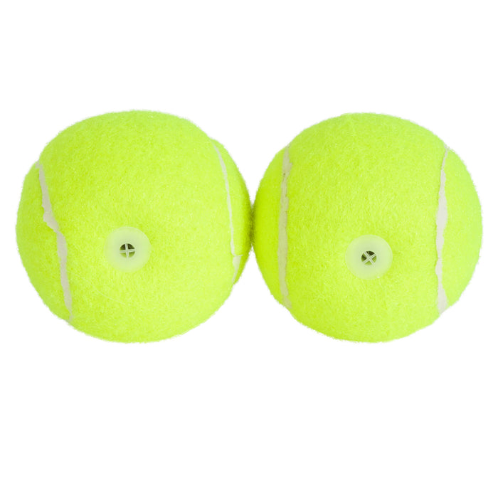 Two bright yellow Hyper Pet Squeaks! Tennis Balls With Squeakers by Hyperpet sit on a plain white background, each showing visible seams and a small central circular indentation, likely for mounting or display.