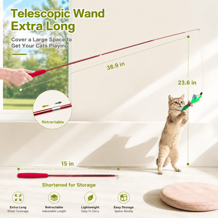Interactive Cat Wand Toy Set - 2PCS Retractable Wand Toy and 9PCS Cat Feather Toys Refills