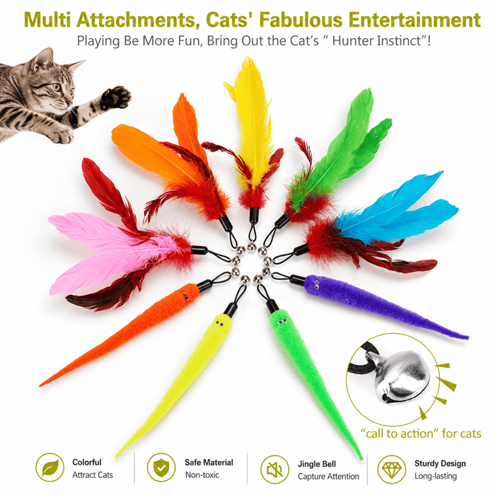 Interactive Cat Wand Toy Set - 2PCS Retractable Wand Toy and 9PCS Cat Feather Toys Refills