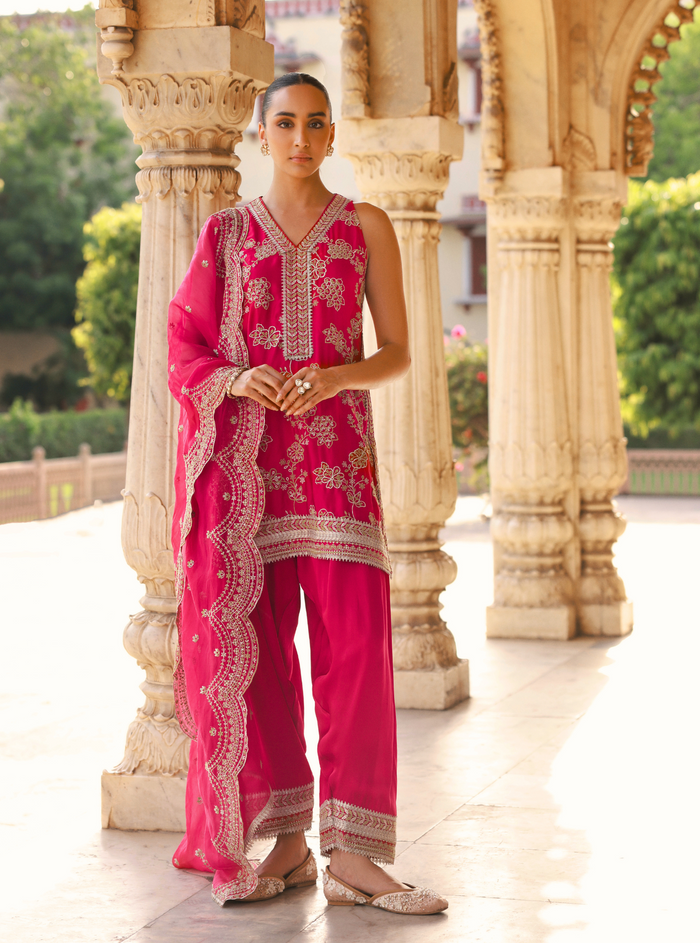 Jivara Bemberg Satin Fuchsia Kurta With Farshi Salwar