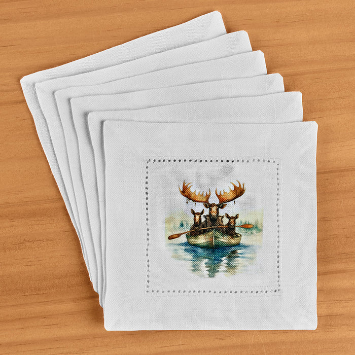 Jolitee Hemstitch Cocktail Napkin Set, Moose on Boat