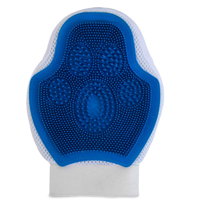 The JW Pet JW 3-In-1 Dog Grooming Glove features a blue and white paw print design with raised rubber bristles, perfect for brushing, removing loose fur from dogs, and is conveniently machine washable.