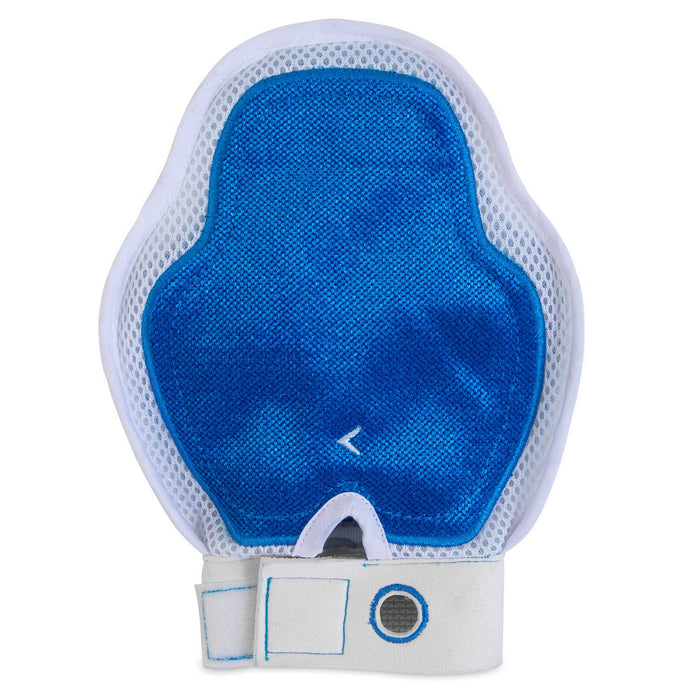 The JW Pet JW 3-In-1 Dog Grooming Glove features blue and white padded mesh, an adjustable wrist strap, a circular blue mark by the cuff, and is machine washable—ideal for easy dog grooming. Displayed on a white background.