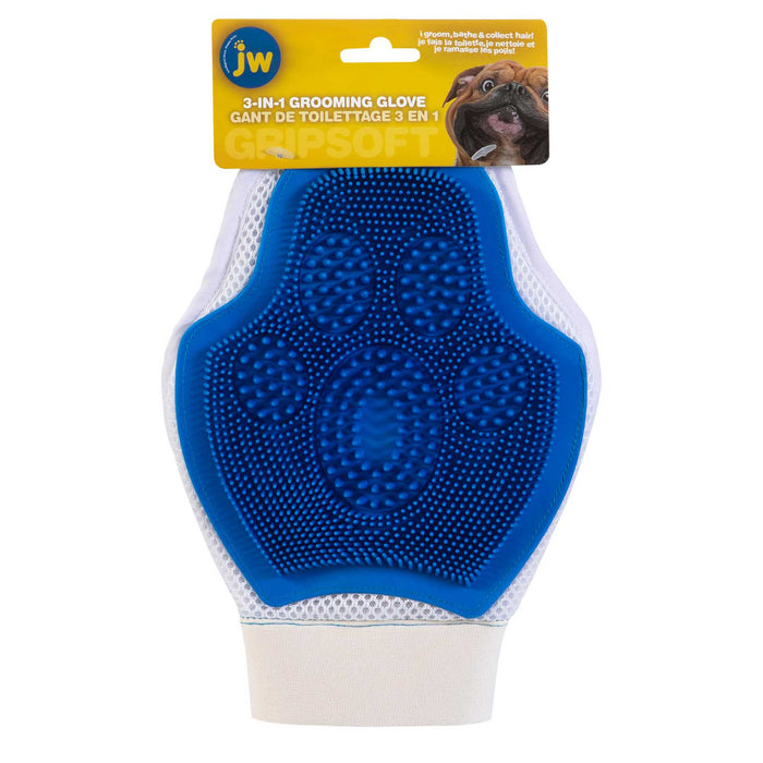 The JW Pet 3-In-1 Dog Grooming Glove, blue and white with rubber bristles and a paw print shape, comes in packaging featuring a dog image. It's machine washable—perfect for easy pet grooming.