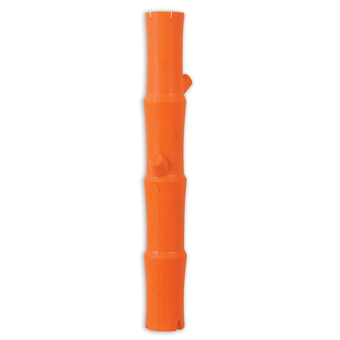 The JW Pet JW Bamboo Stick is an orange, cylindrical rubber dog toy with segmented sections and small protrusions for treat stuffing, designed to resemble bamboo, shown against a white background.