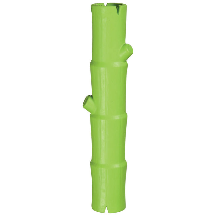 The JW Pet JW Bamboo Stick is a bright green, cylindrical rubber dog toy shaped like a bamboo stalk with two small side branches, shown standing upright against a white background.
