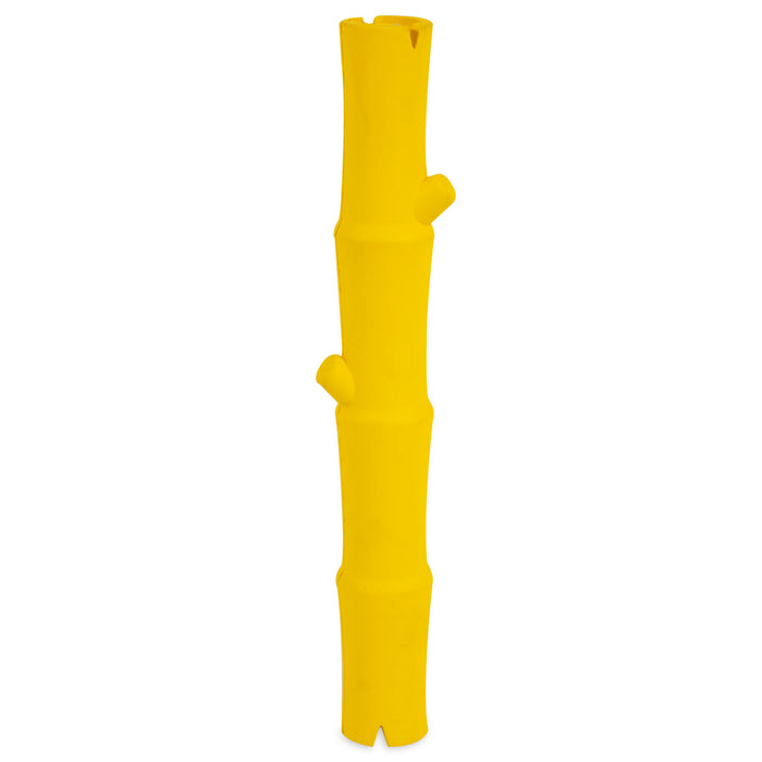 The JW Bamboo Stick by JW Pet is a bright yellow, durable dog toy shaped like a bamboo stick with three short branches, shown upright on a white background.