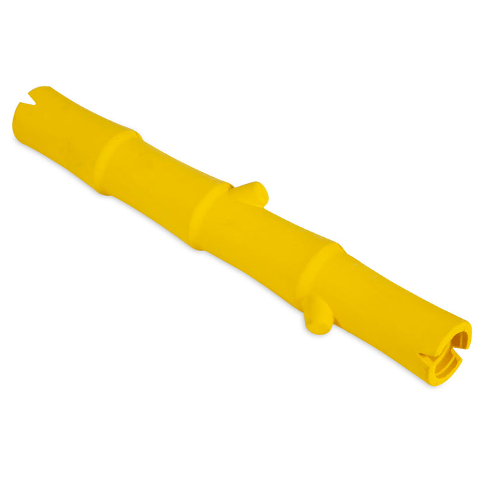 The JW Pet JW Bamboo Stick, a yellow rubber dog toy shaped like bamboo with a smooth, segmented surface ideal for treat stuffing, is shown on a white background.