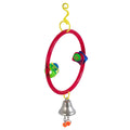 The JW Bird Perch Ring & Toy Combo by JW Pet is a colorful plastic parakeet toy with a red ring, multi-colored beads, yellow hanging hook, and silver bell—an ideal birdcage accessory to keep your bird active and entertained.