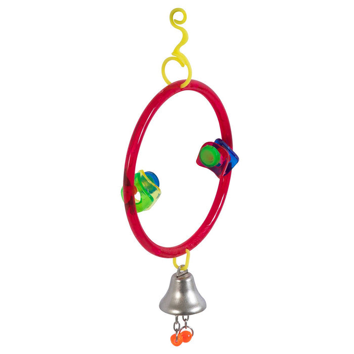 The JW Bird Perch Ring & Toy Combo by JW Pet is a colorful plastic parakeet toy with a red ring, multi-colored beads, yellow hanging hook, and silver bell—an ideal birdcage accessory to keep your bird active and entertained.