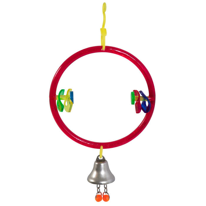 The JW Bird Perch Ring & Toy Combo by JW Pet features a red plastic ring with spinning beads, a silver bell with orange clappers, and a yellow hook—ideal as a fun and engaging birdcage toy for your feathered friend.