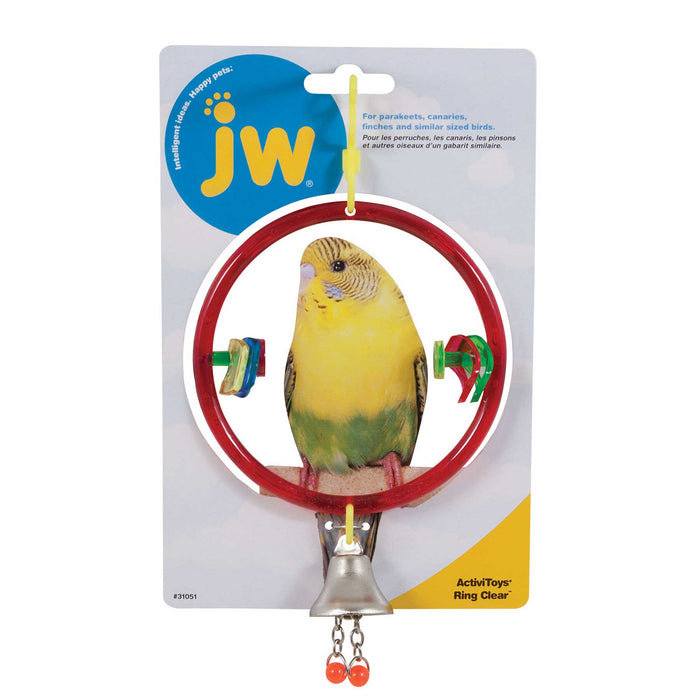 The JW Pet Bird Perch Ring & Toy Combo features a colorful bead ring with a bell and packaging shows a yellow-green parakeet. Labeled as JW Pet, this toy offers fun and activity for your bird!.
