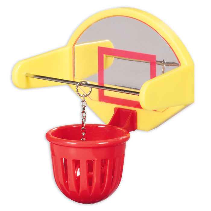 The JW Pet JW Birdie Basketball Bird Toy is a small plastic hoop with a yellow backboard, red accents, and a basket-shaped cup on a red chain—an interactive parakeet toy or unique novelty item for your bird.