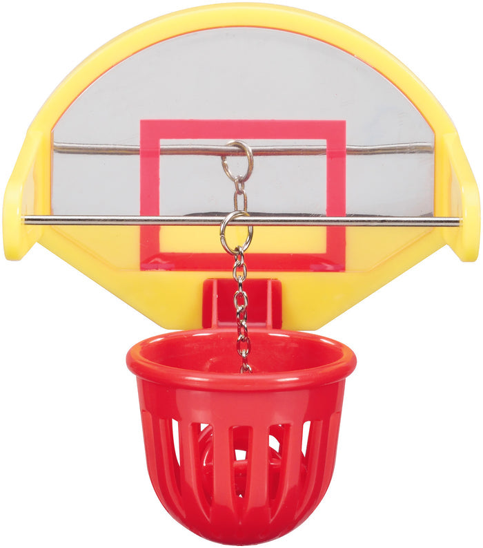 The JW Pet JW Birdie Basketball Bird Toy is a small, colorful plastic hoop with a yellow backboard and red rim that hangs from a metal chain—perfect as an interactive mini basketball set for parakeets or other small birds.