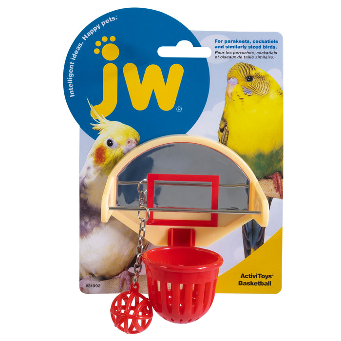 The JW Pet JW Birdie Basketball Bird Toy features a red plastic hoop, basket, ball on a chain, and packaging with two parakeets and ActivToys Basketball branding. Perfect interactive toy for parakeet playtime fun!.