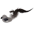 The JW Pet JW Cataction Black And White Bird Toy features a plush gray body, black bead eyes, a striped wing, and a fluffy black feather tail—perfect for cats who love playful catnip toys.