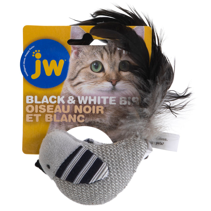 The JW Pet Cataction Black And White Bird Toy is a feather cat toy shaped like a black and white bird with a feather tail, packaged with the JW logo and cat face, labeled "Black & White Bird" in English and French.