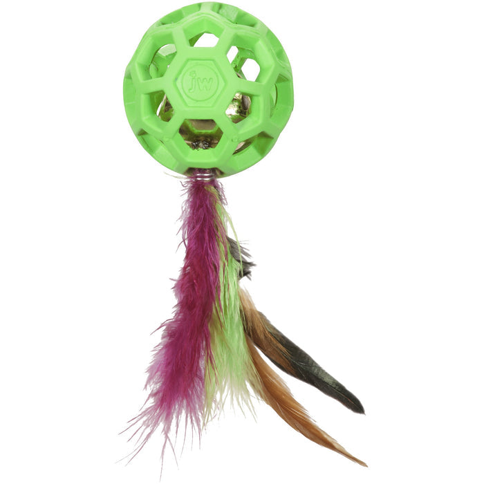 The JW Pet JW Cataction Feather Ball with Bell Cat Toy is a green, hollow ball with “jw” embossed on it and colorful feathers—purple, green, orange, and black—attached at the bottom.