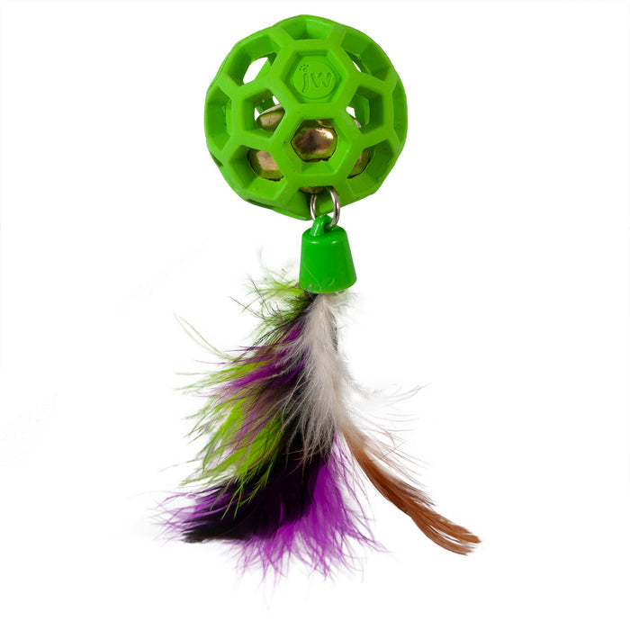 The JW Pet JW Cataction Feather Ball with Bell Cat Toy features a green hexagonal design, a bell inside, and a colorful dangling feather cluster in white, green, purple, and brown at the bottom.