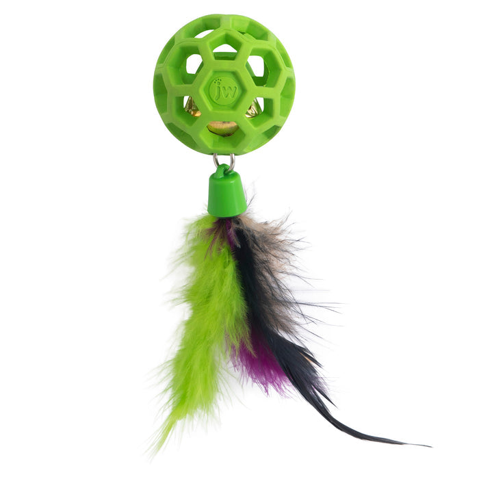 The JW Pet JW Cataction Feather Ball with Bell Cat Toy features a green hollow rubber ball with a jingle bell and colorful feathers (green, purple, black, brown)—ideal for playful cats.