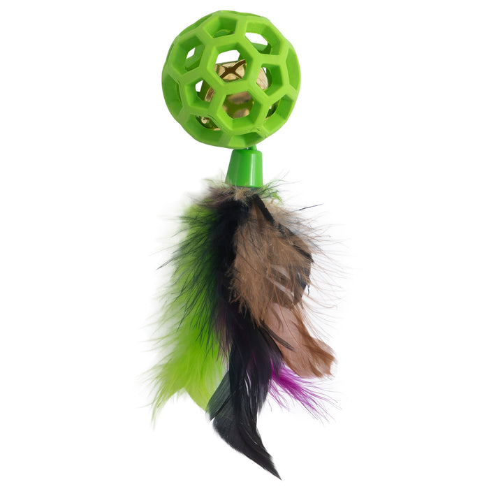 The JW Pet Cataction Feather Ball with Bell Cat Toy features a green rubber ball with hexagonal holes, colorful green, brown, black, and purple feathers, and a bell inside for endless feline fun.