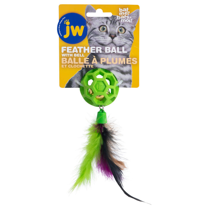 The JW Pet Cataction Feather Ball with Bell Cat Toy is a green ball with colorful feathers and a bell, packaged with a gray cat photo and yellow "Feather Ball with Bell" text in English and French.