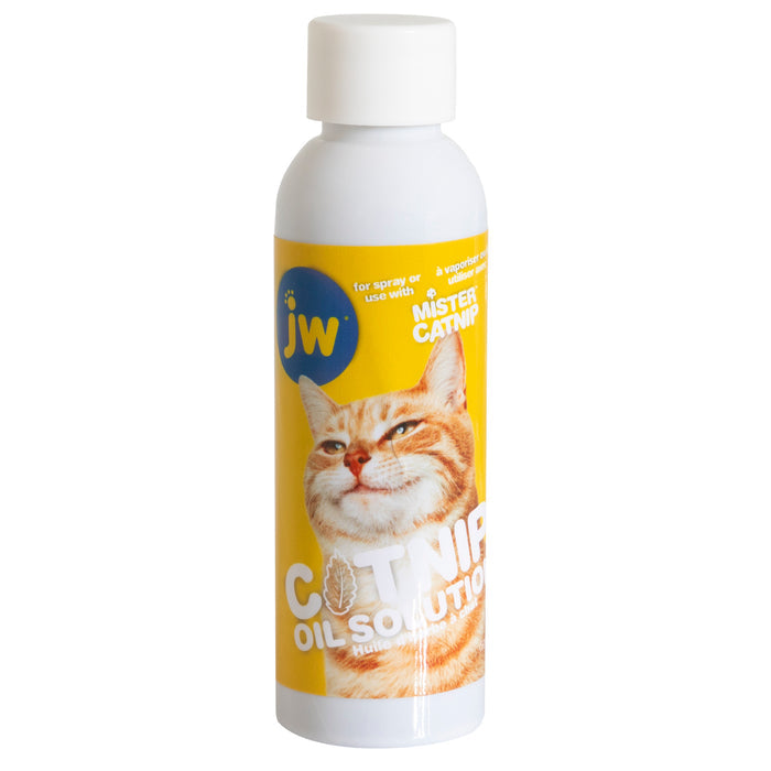 A white bottle with a yellow label featuring an orange tabby cat and the text JW Catnip Mister by JW Pet. Ideal for spraying on toys or using with interactive toys to deliver catnip and keep your feline entertained.