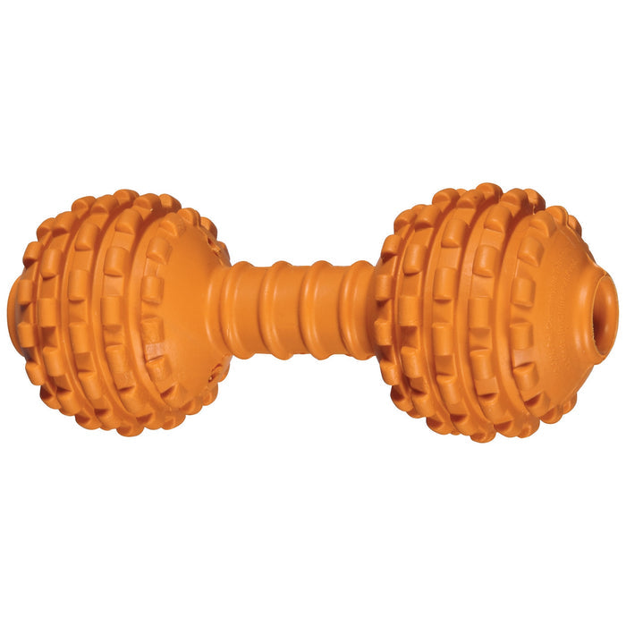 The JW Pet JW Chompion Dog Chew Toy is a durable, orange rubber dumbbell with raised bumps and ridges, designed for grip and dental stimulation—perfect for promoting your dog’s healthy teeth and gums.