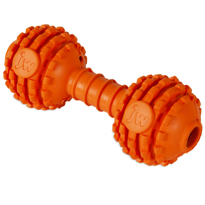 The JW Chompion Dog Chew Toy by JW Pet is an orange rubber dumbbell with textured, bumpy ends for dental health and fun. The durable toy features "JW" embossed on each side.