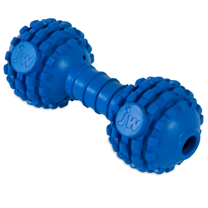 The JW Chompion Dog Chew Toy by JW Pet is a blue rubber dumbbell-shaped toy with textured, knobby ends for grip and dental health, featuring "JW" initials molded on each end.