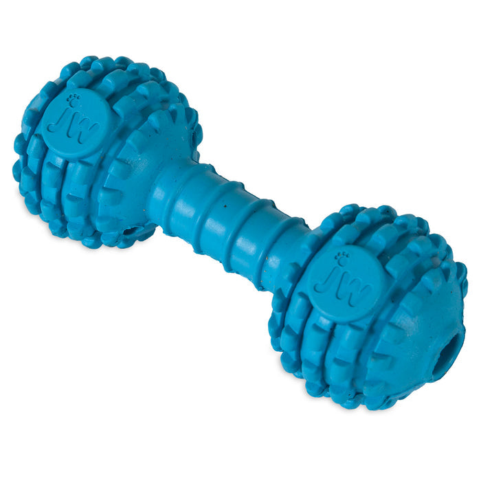 The JW Chompion Dog Chew Toy by JW Pet is a blue, durable rubber dumbbell with textured ends, a ridged center for teeth cleaning, and features "JW" with a paw print on each end.